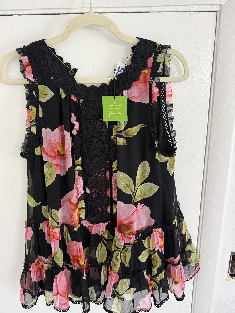 kate spade Black Floral Lace-Trim Sleeveless Ruffle Top